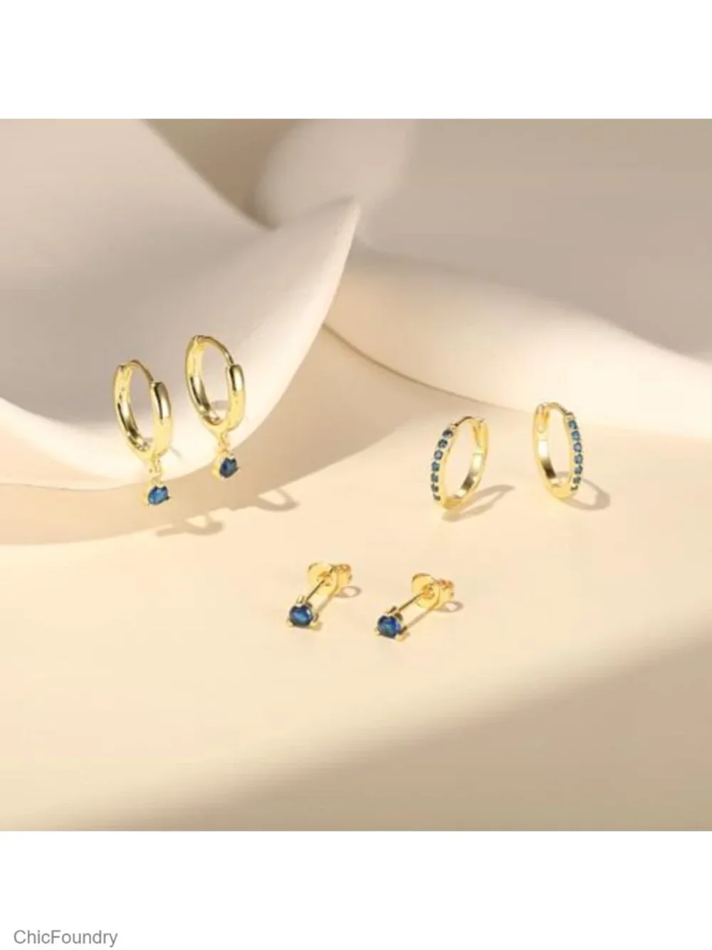 Sterling Silver 14K Gold Plated Huggie Hoop Earring Set - 3 Pairs Blue CZ